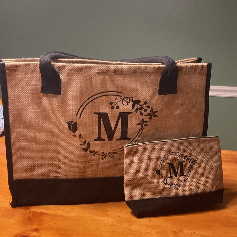‘M’ Initial Burlap Tote Bag & Matching Makeup Bag‎